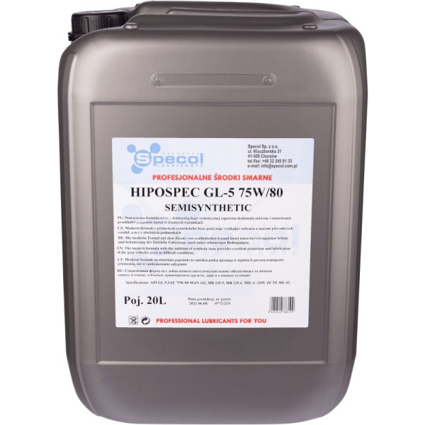 SPECOL OLEJ 75W80 20L GL4/GL5 HIPOSPEC PÓŁSYNTETYCZNY / PRZEKŁADNIOWY