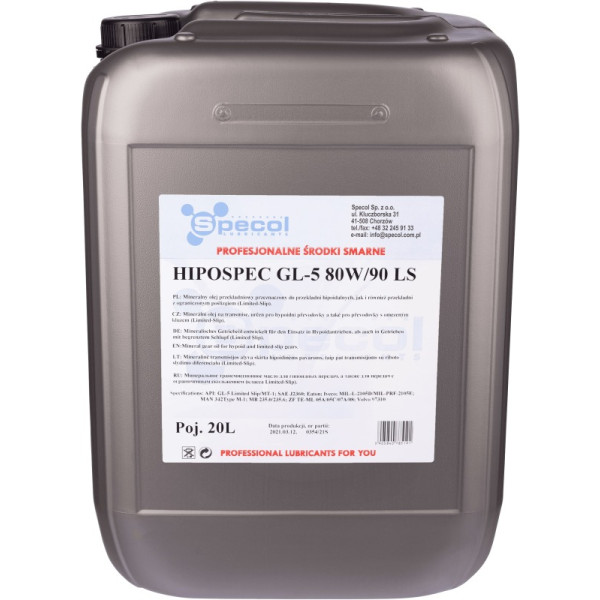 SPECOL OLEJ 80W90 20L GL5 LS HIPOSPEC/ PRZEKŁADNIOWY