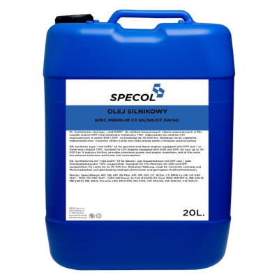 SPECOL OLEJ 5W40 20L PREMIUM C3 SN+/SM/CF / 502.00 505.00 505.01/LL04/DEX2/ 229.31 229.51 226.5/RN17/ A40/9.55535-S2/M2C917A